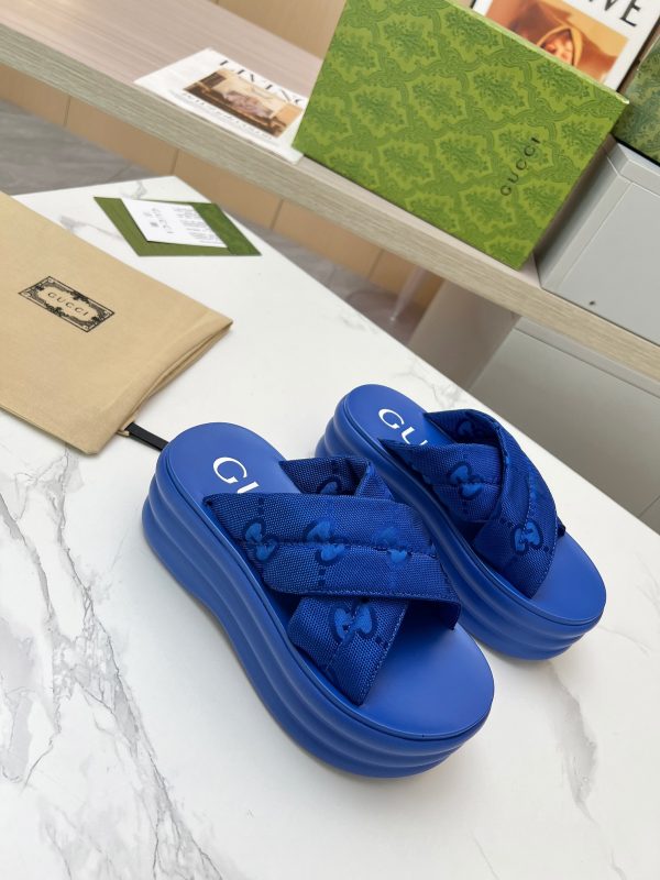 Gucci's latest GG platform slippers are a leg puller blue