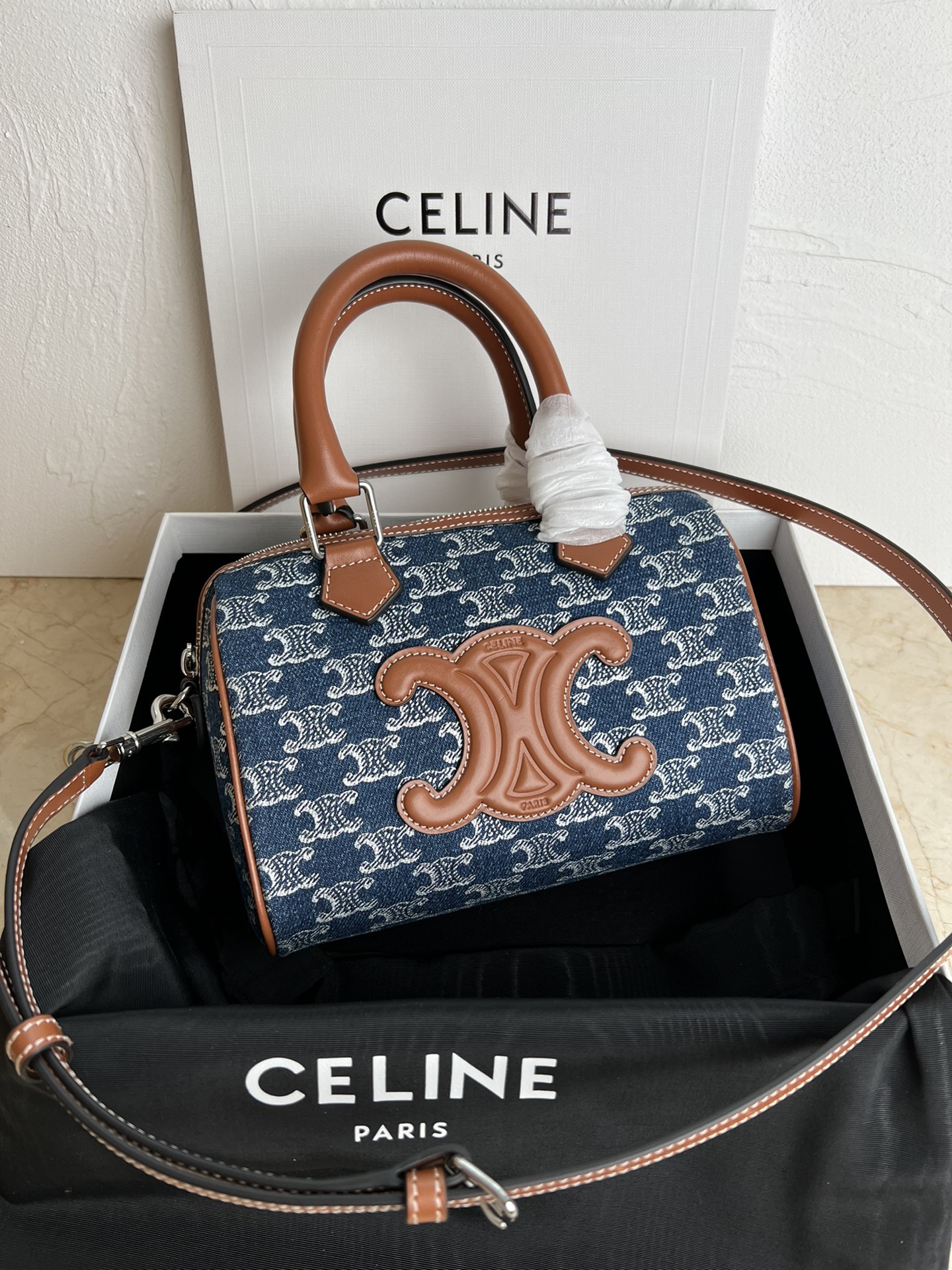 CELINE 24s Spring/Summer New Product CUIR TRIOMPHE Denim Fabric Cowhide Leather Boston Bag