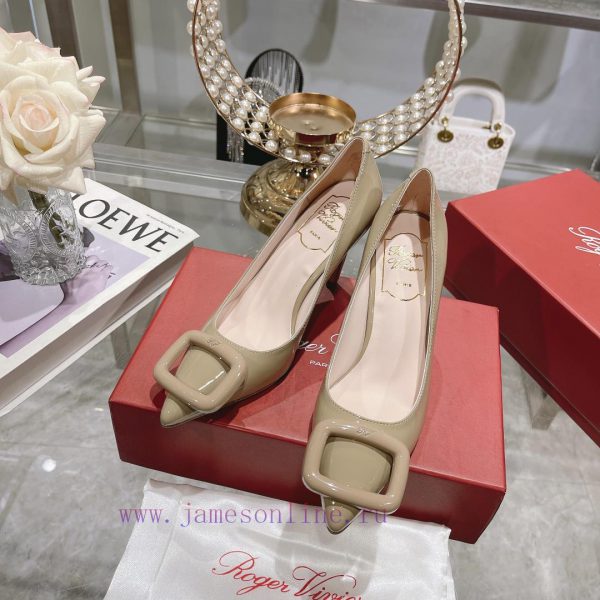 23Ss new RV baked paint square buckle single shoes high heels/low heelsInspired by the Bellenrim0cip