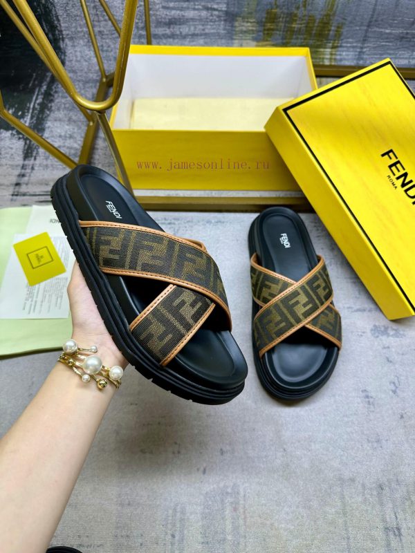 παντοφλες πλεκτες με βελονες διχρωμες | FENDI Cross Strap Slippers Brown FF Jacquard Fabric Detail Brown Leather Decoration Non Slip Ru mgwst8hg | μαυρο πεδιλο φλατφορμ